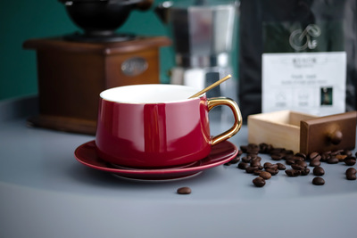 北欧金边马克杯咖啡杯碟套装 带勺子咖啡杯碟厂家直销 定制LOGO
