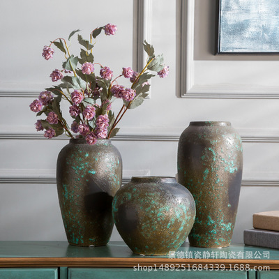 创意瓷器家居客厅玄关摆件 工艺品中式复古陶瓷花瓶粗陶做旧花器