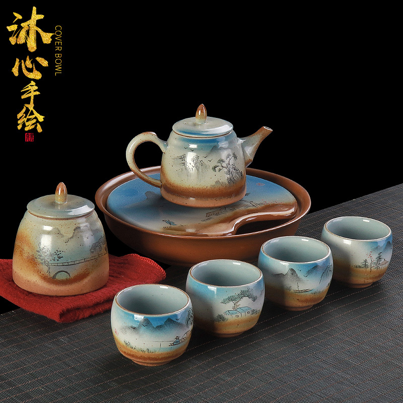 手绘粗陶茶具套装日式纯手工家用功夫茶具干泡盘茶壶茶杯