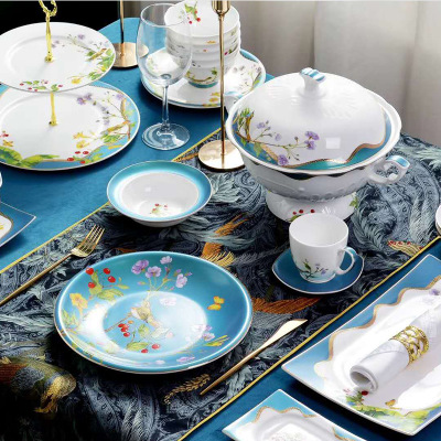 61头欧式骨瓷餐具套装异型件款式商务礼品 可定制logo陶瓷碗碟盘