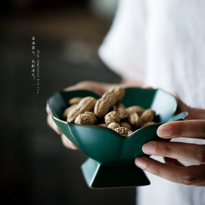仿古粗陶高脚茶点盘 创意日式点心水果盘 家用陶瓷迷你零食小菜碟