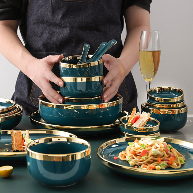 厂家直销北欧风网红绿色金边陶瓷碗碟盘餐具套装家用轻奢创意饭碗