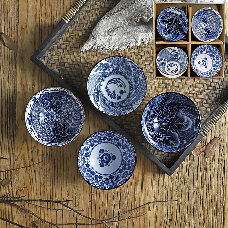 创意日式陶瓷礼品碗套装 复古青花瓷碗家用4.5寸吃饭碗礼盒装餐具