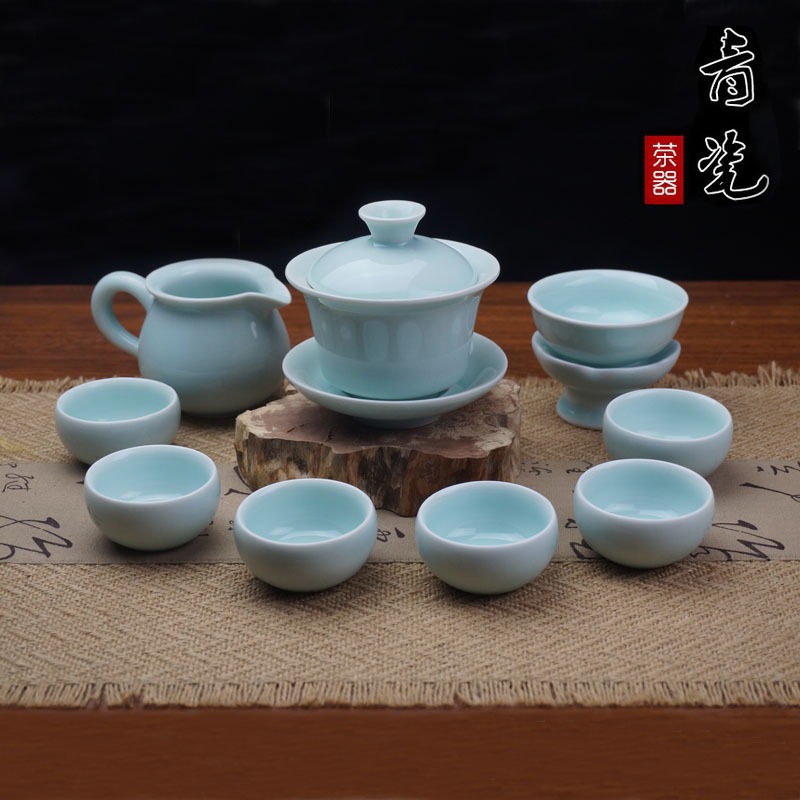 厂家批发10头盖碗青瓷功夫茶具套装冰裂陶瓷茶具特价