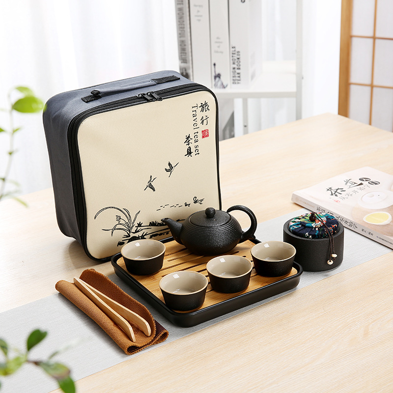 路宝便携式功夫茶具茶盘套装日式黑陶陶瓷旅行茶具一壶四杯可定制