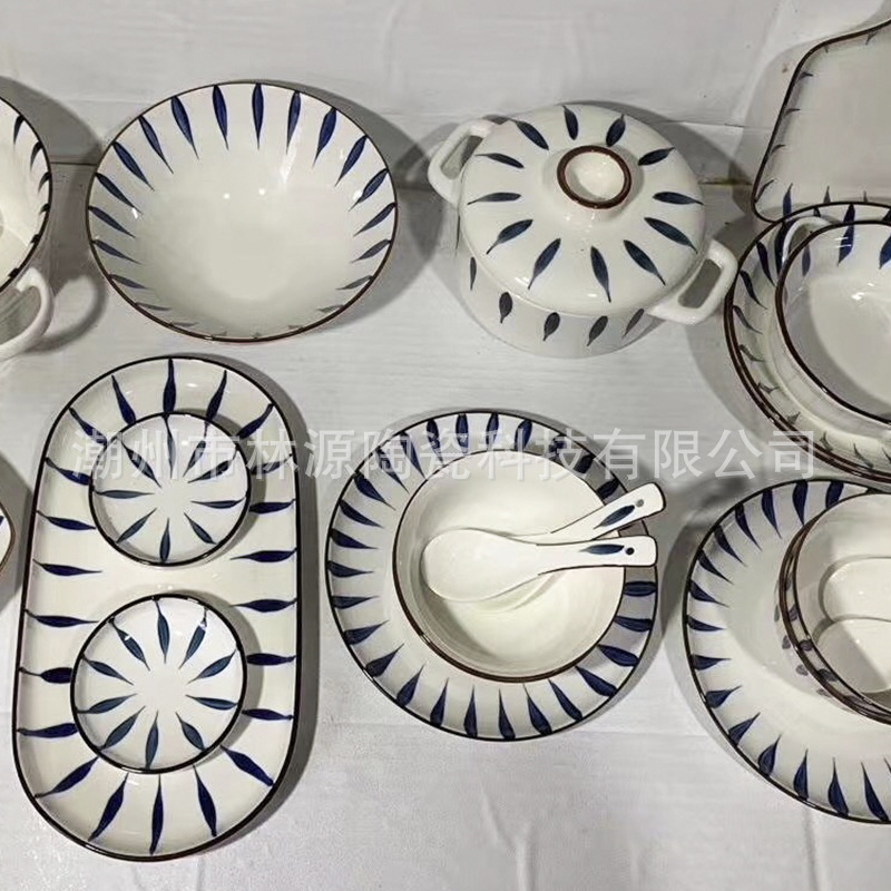 日式陶瓷汤碗汤锅22头套装 陶瓷手绘日用碗碟盘 网红礼品装餐具套
