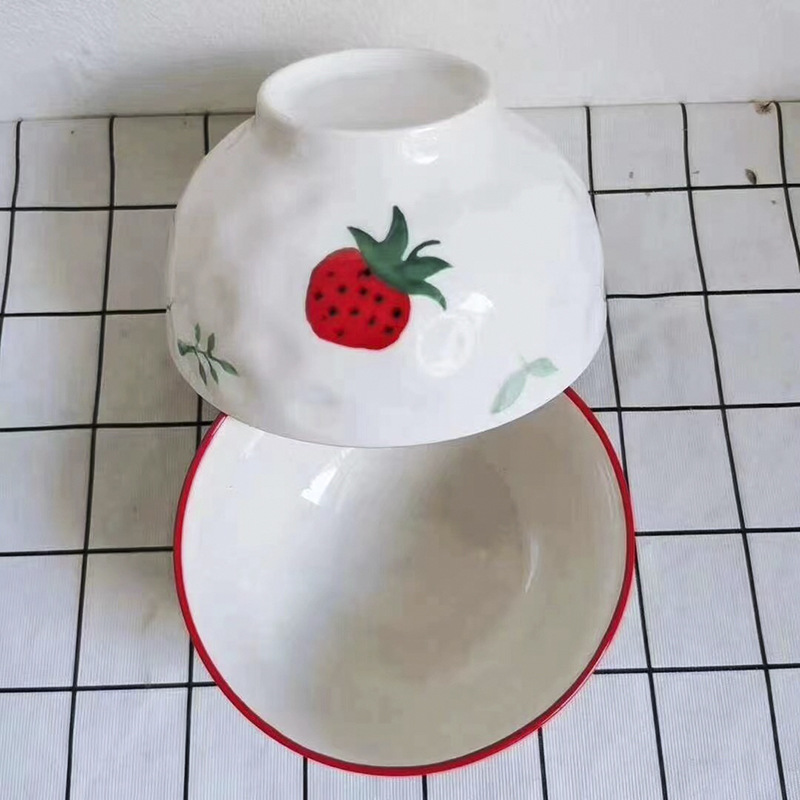 外贸尾单手绘草莓陶瓷碗 陶瓷米饭碗日用品餐具 简约碗碟五寸大碗