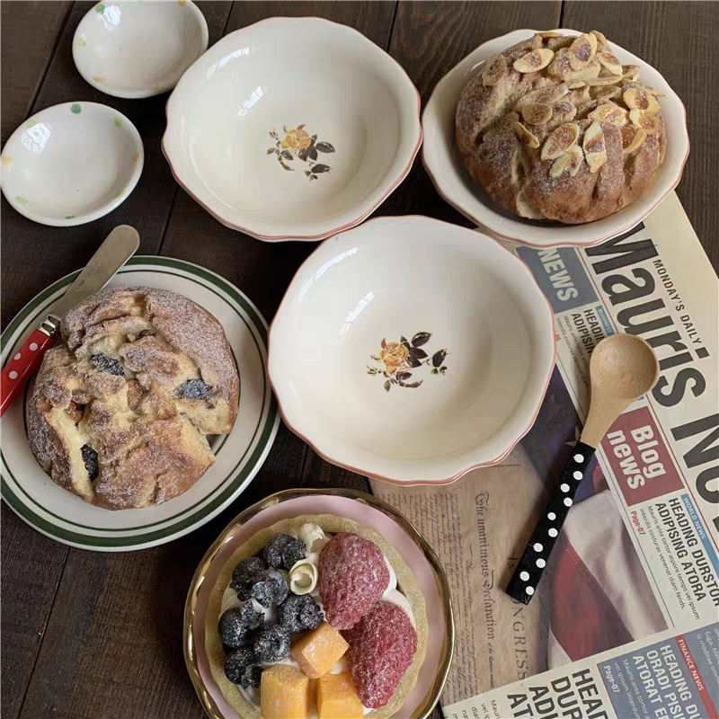 美式复古田园vintage陶瓷碗做旧破花小碎花碟子 蘸料碟水果陶瓷碗