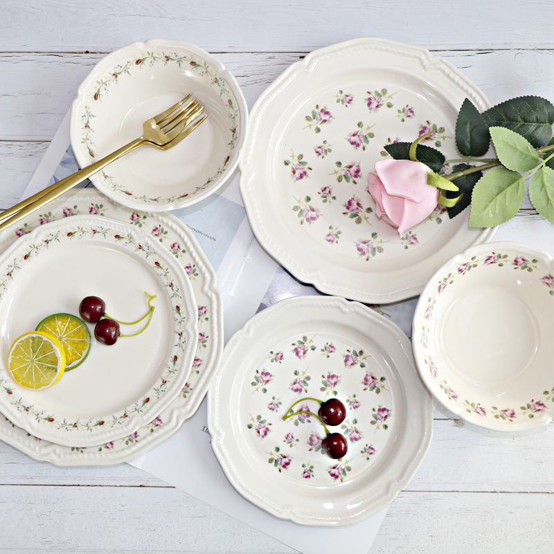 法式复古贴花浮雕餐具陶瓷餐盘子碗西餐平盘水果盘沙拉碗