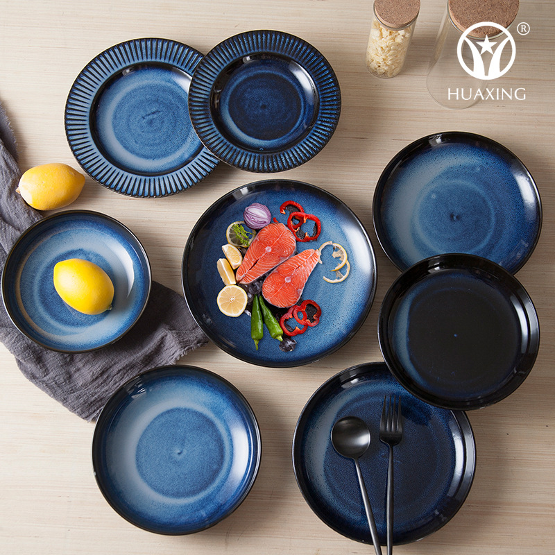 创意餐具套装 碗盘碟简约现代北欧风手绘餐具 蓝色窑变批发定制