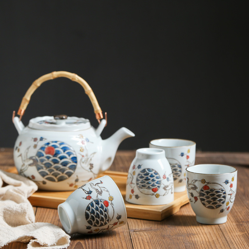 鹤鸣日式手绘陶瓷水具高温釉下彩凉水壶 茶具套装