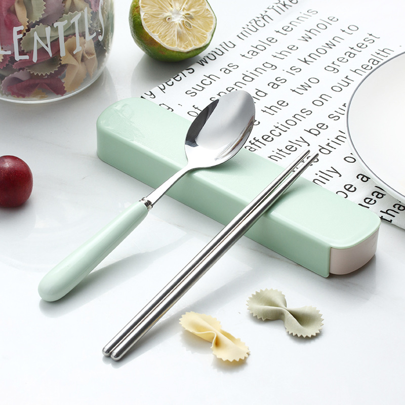 创意不锈钢勺筷两件套陶瓷柄便携筷子勺子套装糖果色礼品餐具套装