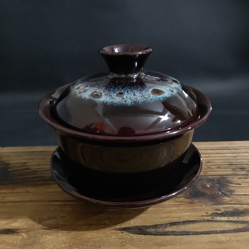 厂家直销窑变釉陶瓷盖碗功夫茶具180ML单个茶碗创意拉丝沙金茶杯