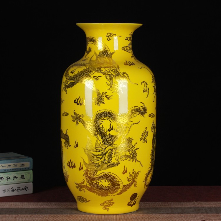 景德镇陶瓷花瓶摆件仿古黄色龙纹大号冬瓜瓶落地大花瓶工艺品摆件