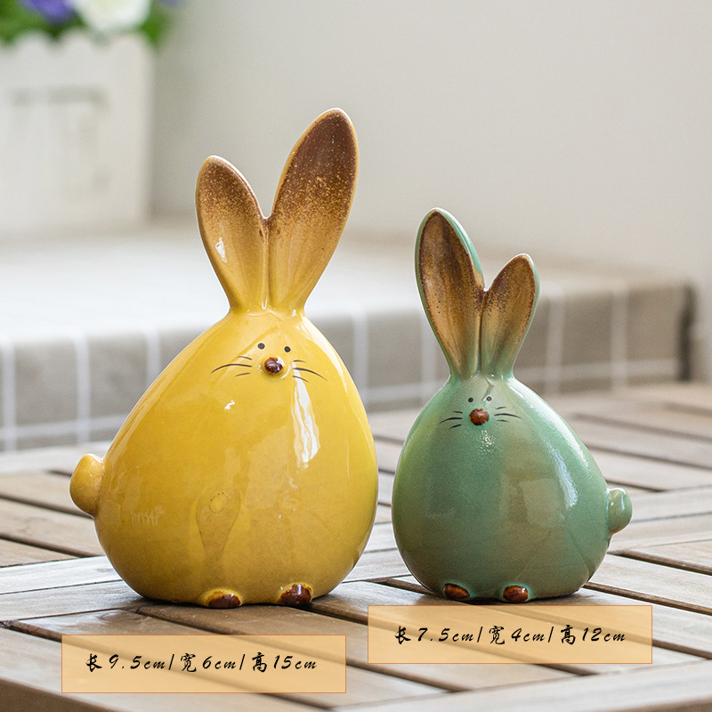 新中式陶瓷摆件 现代简约客厅电视柜家居软装饰品 长耳朵兔子摆设