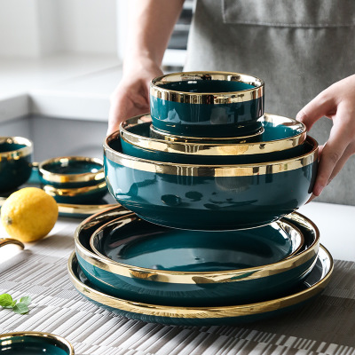 轻奢金边祖母绿碗碟套装家用陶瓷汤碗米饭碗深汤盘西餐盘组合餐具