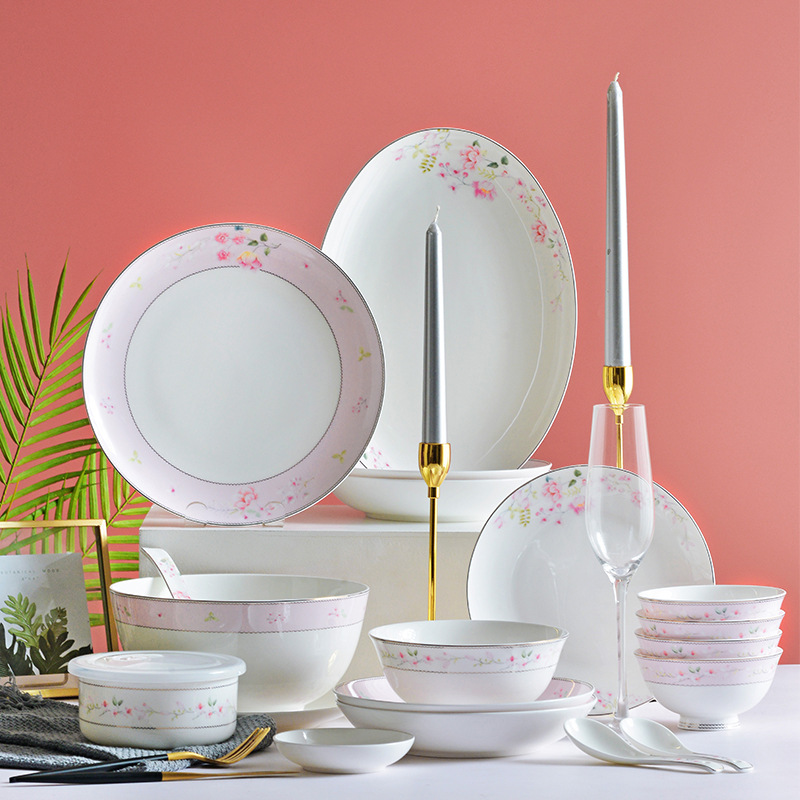 Homy28头骨瓷餐具套装 粉色清新碎花餐具 家用陶瓷碗盘