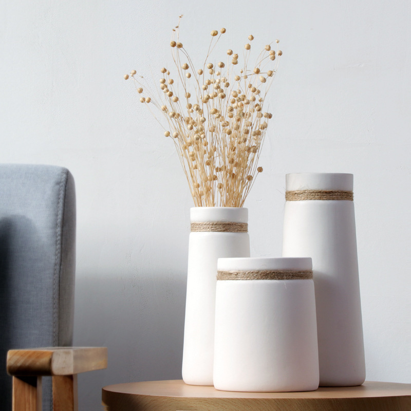 简约现代客厅家居创意摆件白色花瓶麻绳日式陶瓷文艺插花花瓶批发