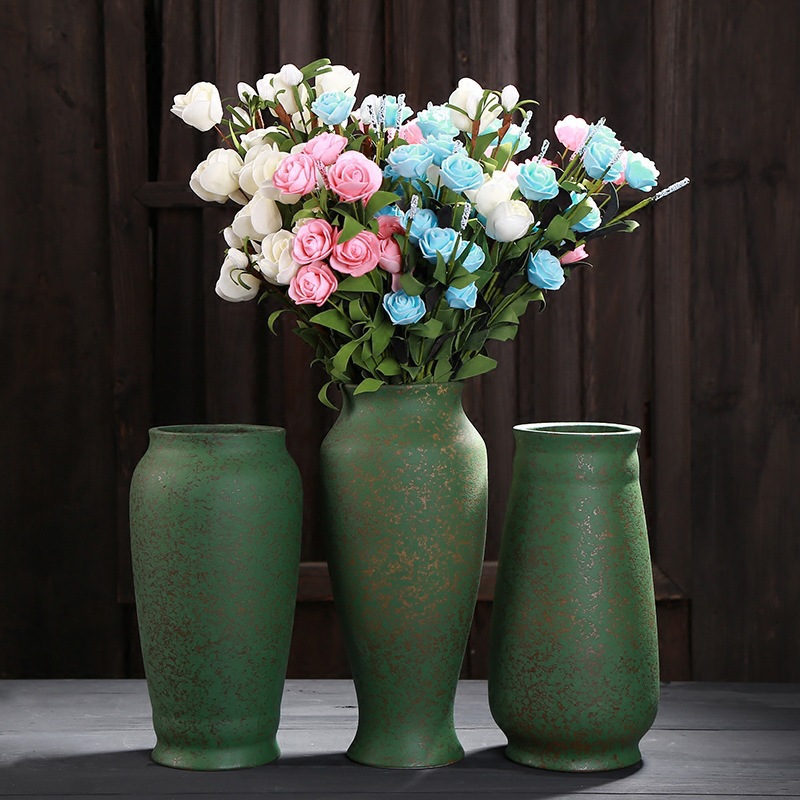 复古绿色中式陶瓷花瓶做旧仿古陶罐花瓶客厅玄关插花干花花器摆件