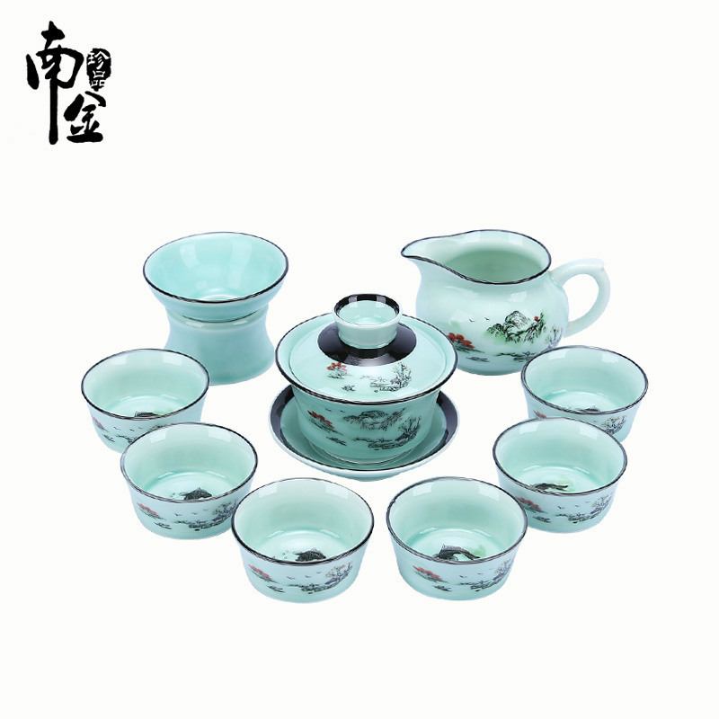 【宏顺发】10头盖碗青瓷茶具功夫陶瓷茶具套组套装 支持一件代发