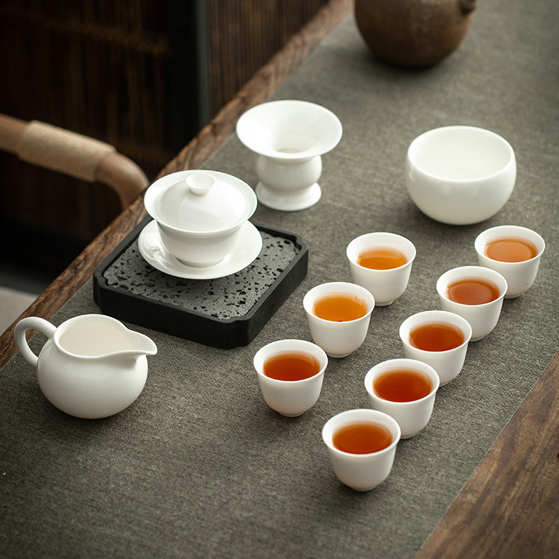 德化白瓷羊脂玉喝茶茶具套装家用整套功夫陶瓷现代简约盖碗泡茶壶