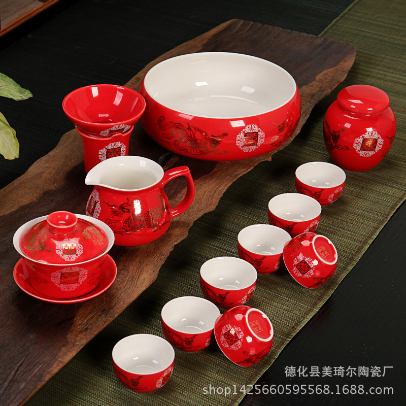 婚庆礼品高温中国红茶具套装 红双喜大盘壶 结婚敬茶杯随手礼盖碗
