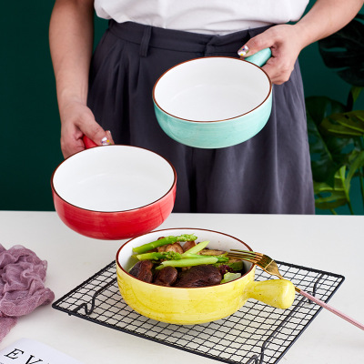 日式创意陶瓷盘带手柄烤碗圆形方形 手绘烘焙家用焗饭烤碗大容量