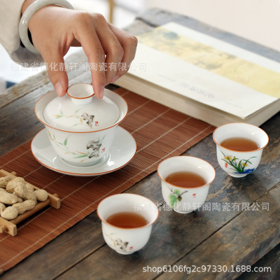 德化甜白瓷高白陶瓷4.0大号三才盖碗功夫茶具陶瓷敬茶碗 定制logo